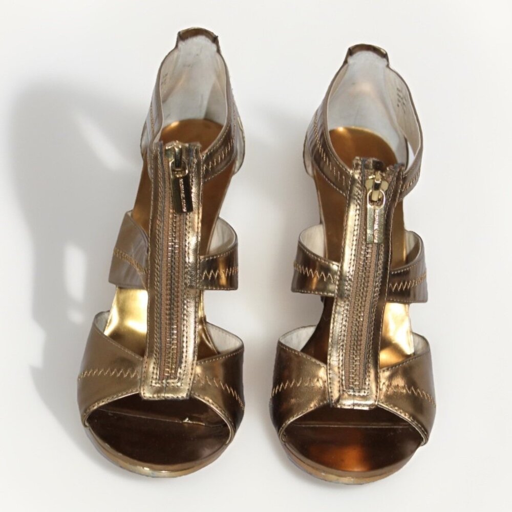 MICHAEL KORS Berkley T-Strap Gold Metallic Dress Sandals Heels 8M Gently Worn